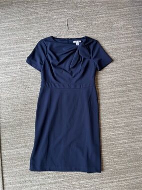 London Times Navy Sheath Dress with Neck Tie Detail